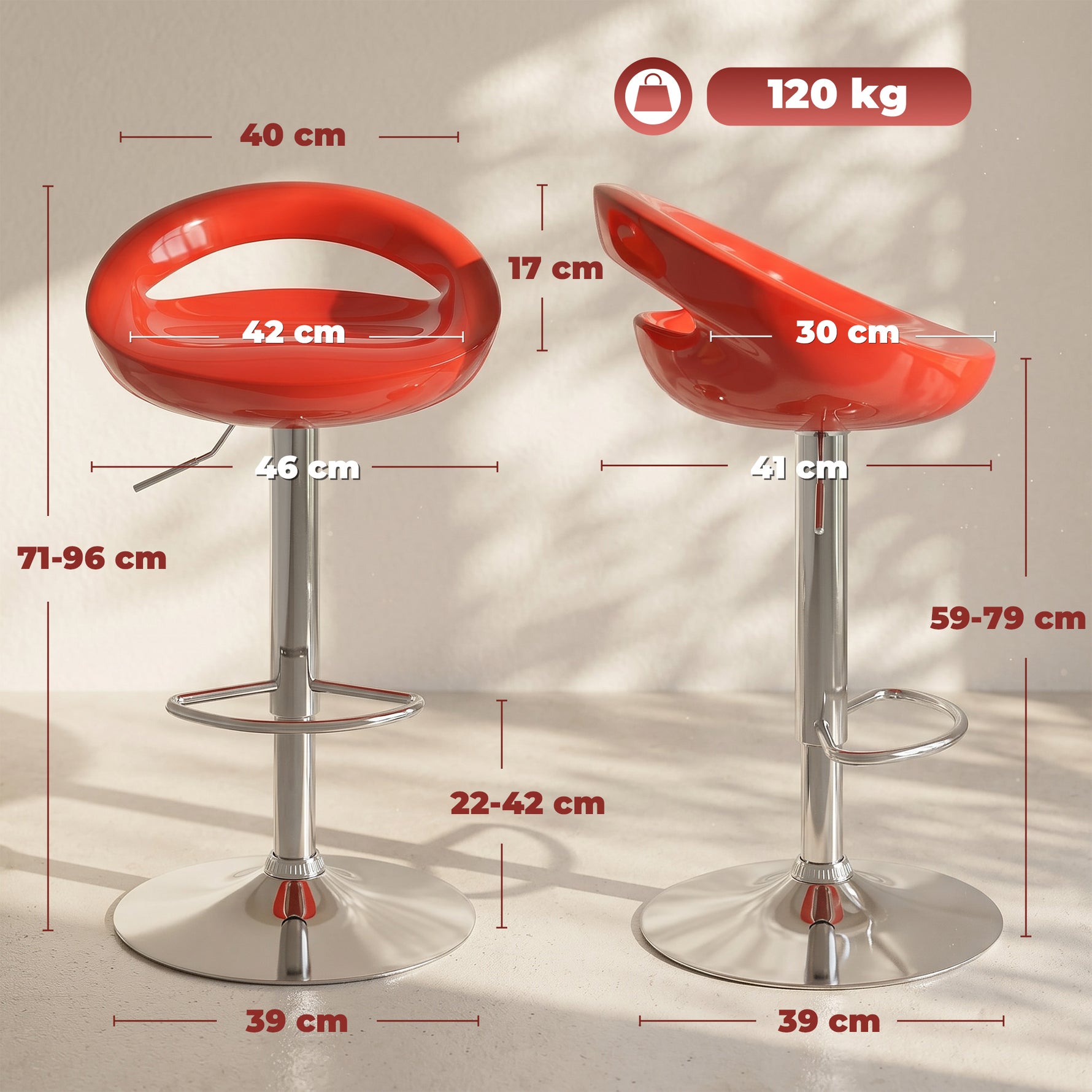 Lot de 2 tabourets de bar chaises de bar hauteur réglable dossier et repose-pieds pivotant à 360° 46x41x76-96cm rouge