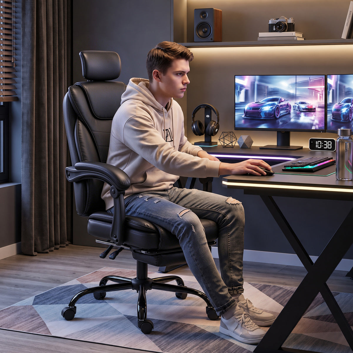 Silla Gaming Ergonómica, Sillón Gaming Reclinable de Piel Sintética, Altura Ajustable, Reposacabezas 2D, Negro