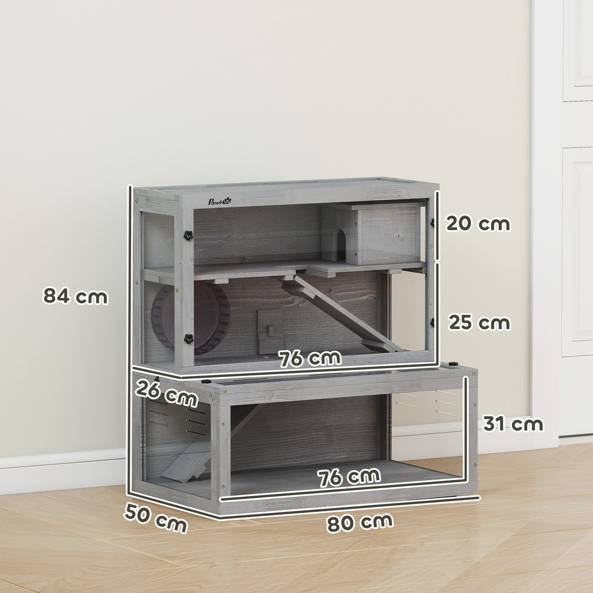 Cage Hamster en Bois, 3 Niveaux avec Cabane, Roue, Rampes, Panneau Transparent, Espaces Séparés, 80x50x84cm, Gris