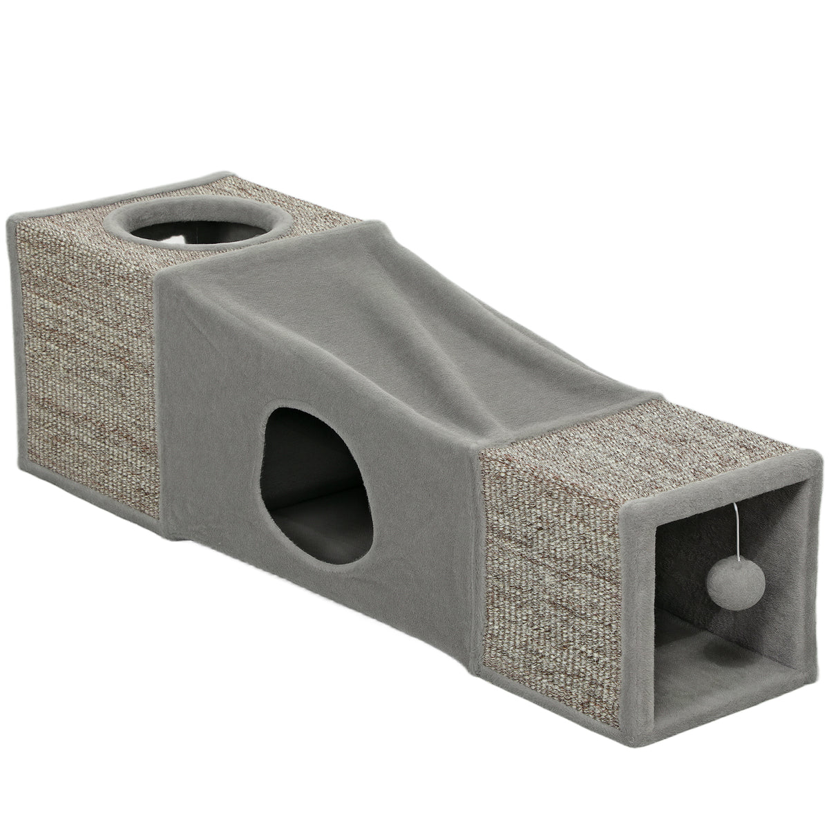 Tunnel pour chat intérieur jouets pour chats avec balle suspendue entrées multiples en sisal 98 x 30 x 30 cm gris