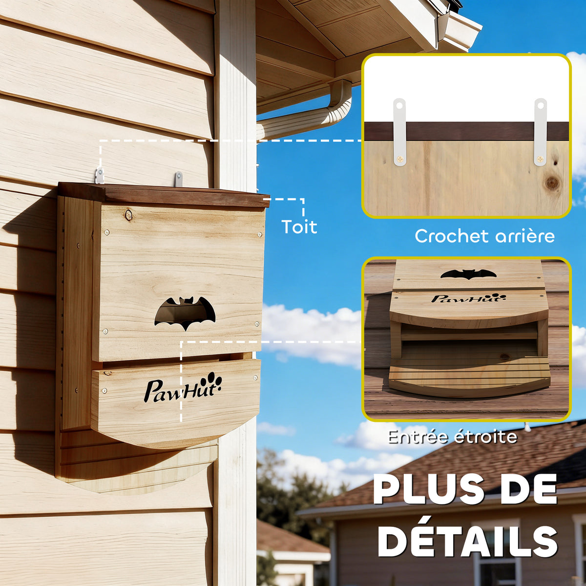 Set di 3 casette per pipistrelli in legno, rifugio per pipistrelli con piattaforma scanalata 23 x 9,5 x 36,5 cm, legno naturale
