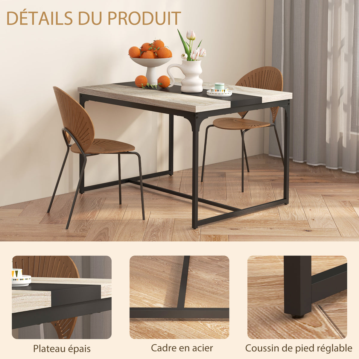 Table de salle à manger pour 6 personnes, style industriel en métal noir et bois, dim. 120L x 89l x 75,5H cm