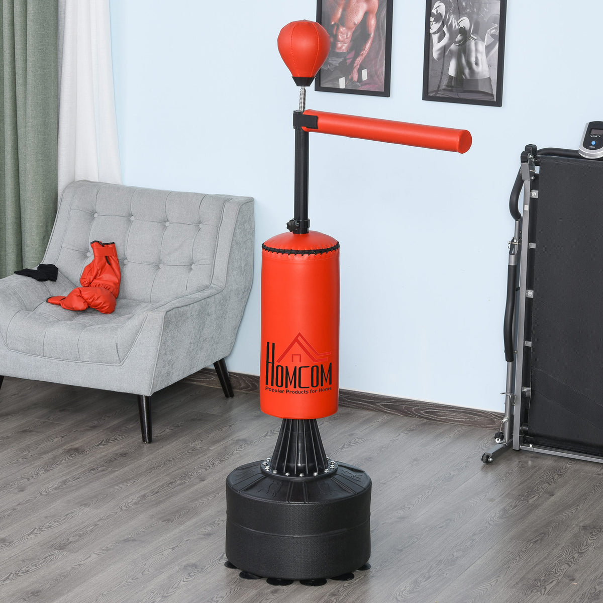 Sac de frappe sur pieds punching ball brunier 3 en 1 avec ballon de vitesse bras flexible rotatif hauteur réglable revêtement synthétique base HDPE dim. 88L x 48l x 155-205H cm noir rouge