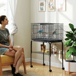 Cage à Oiseaux Volière Intérieur Acier avec Séparateur, 4 Perchoirs, Plateau Coulissant, 4 Mangeoires, 76x46x116cm, Noir