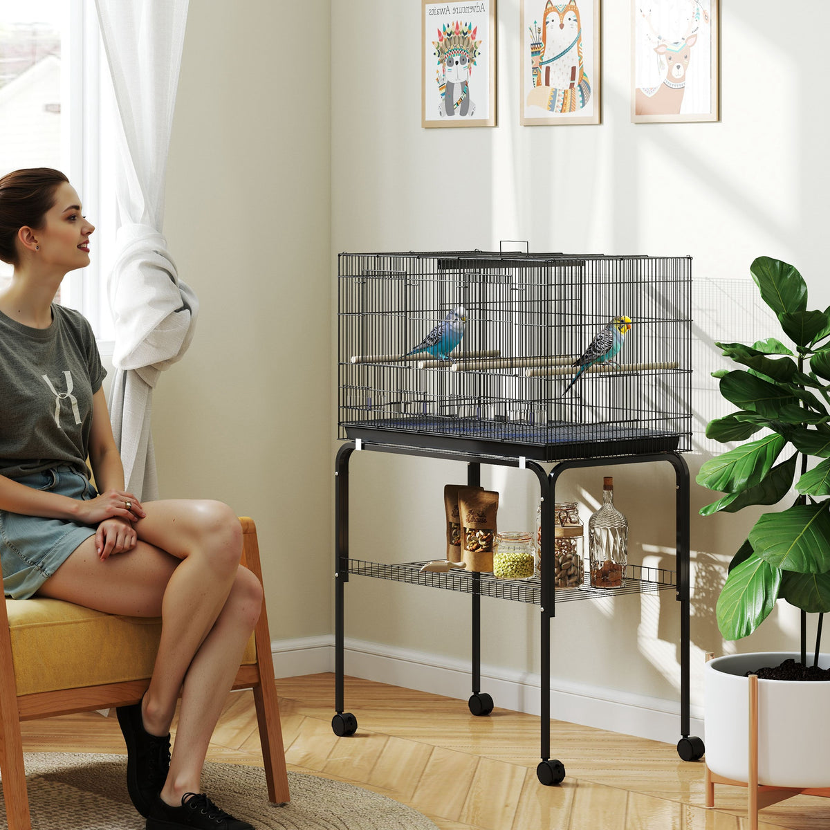 Cage à Oiseaux Volière Intérieur Acier avec Séparateur, 4 Perchoirs, Plateau Coulissant, 4 Mangeoires, 76x46x116cm, Noir