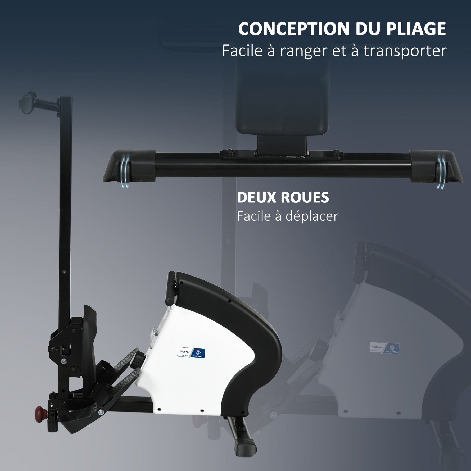 Rameur d'appartement pliable - .fr x FFHandball - 8 niveaux de résistance magnétique, écran LCD - acier noir blanc