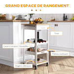 Chariot de service desserte de cuisine à roulettes 2 étagères + plateau amovible + tiroir blanc chêne clair