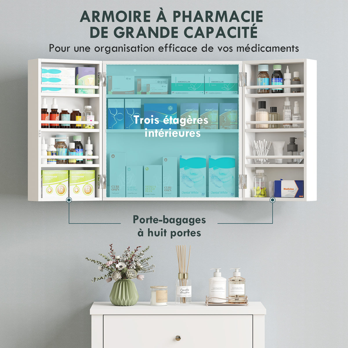 Wall-mounted medicine cabinet, medicine chest with lockable double door, 2 keys, 53x20x53cm, white