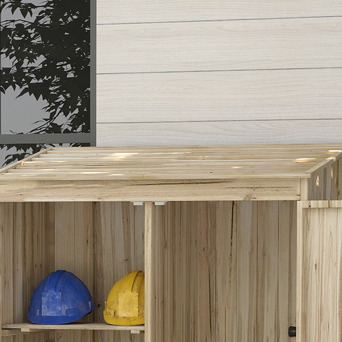 Armadio da giardino, armadio ripostiglio in legno, 2 ripiani, 2 ante, tetto inclinato, 120 x 57 x 183 cm, legno naturale