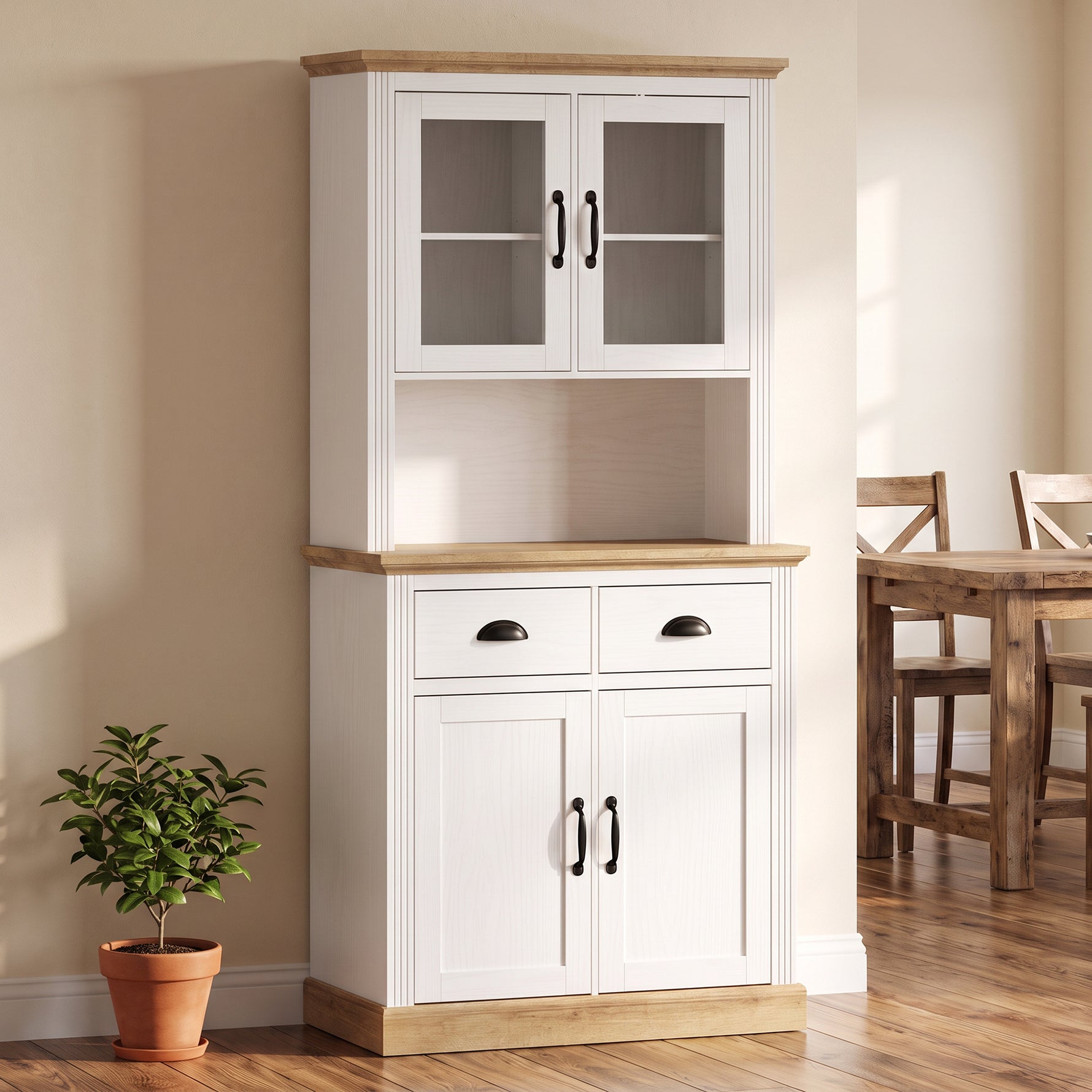 Buffet Haut Cuisine, Armoire Cuisine, 4 Portes dont 2 en Verre, 2 Tiroirs, Plan de Travail, Étagères Réglables, Blanc
