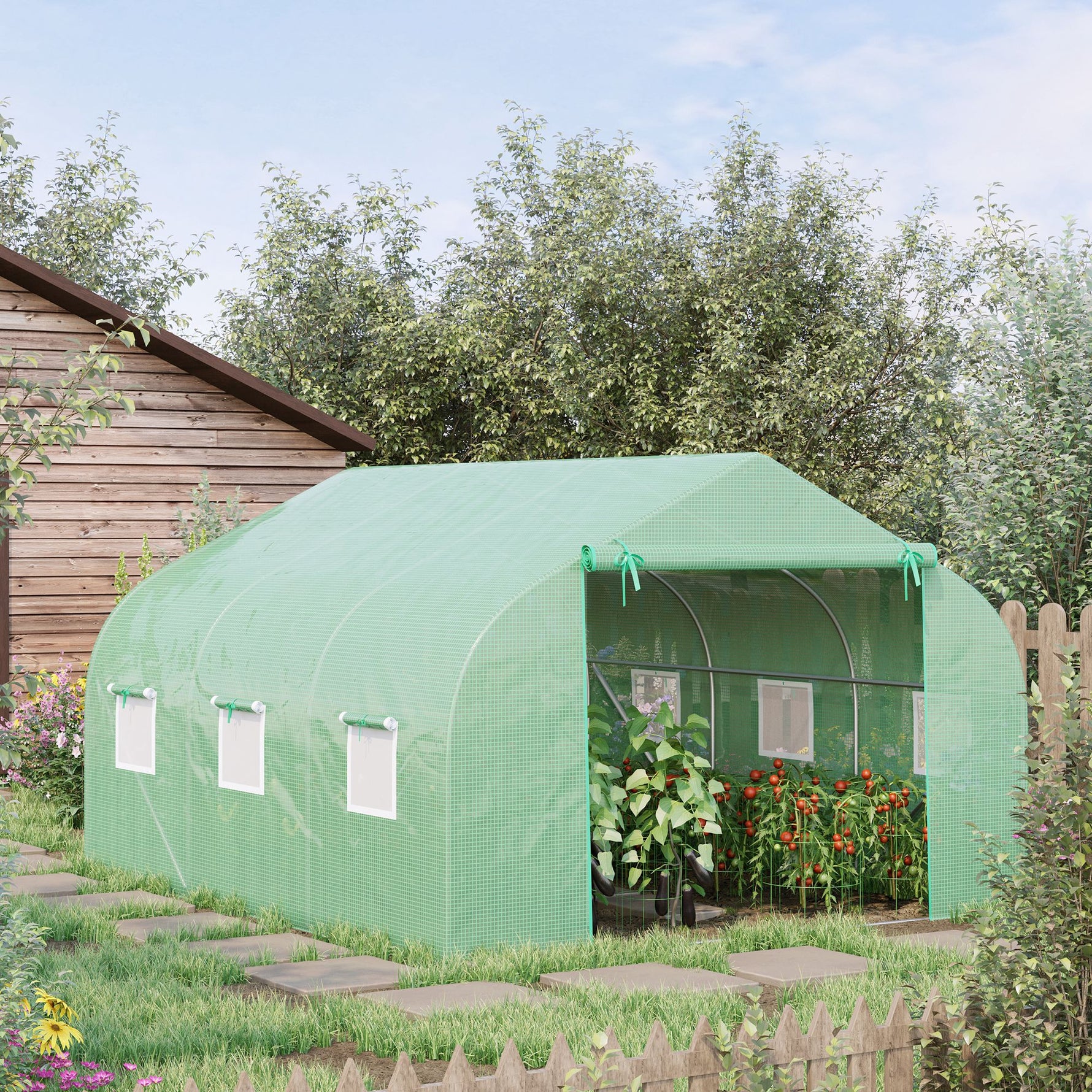 Serre Tunnel de Jardin 10,5 m² dim. 3,5L x 3l x 2H m Porte + 6 fenêtres enroulables Acier galvanisé bâche PE Haute densité Vert