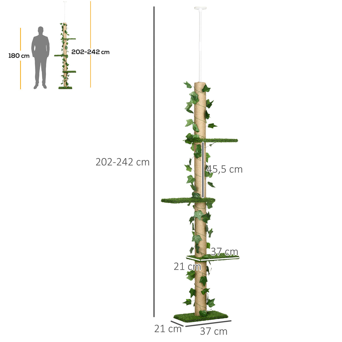 Arbre à chat poteau à griffer fixation plafond hauteur réglable 37 x 21 x 202- 242 cm 4 niveaux vert