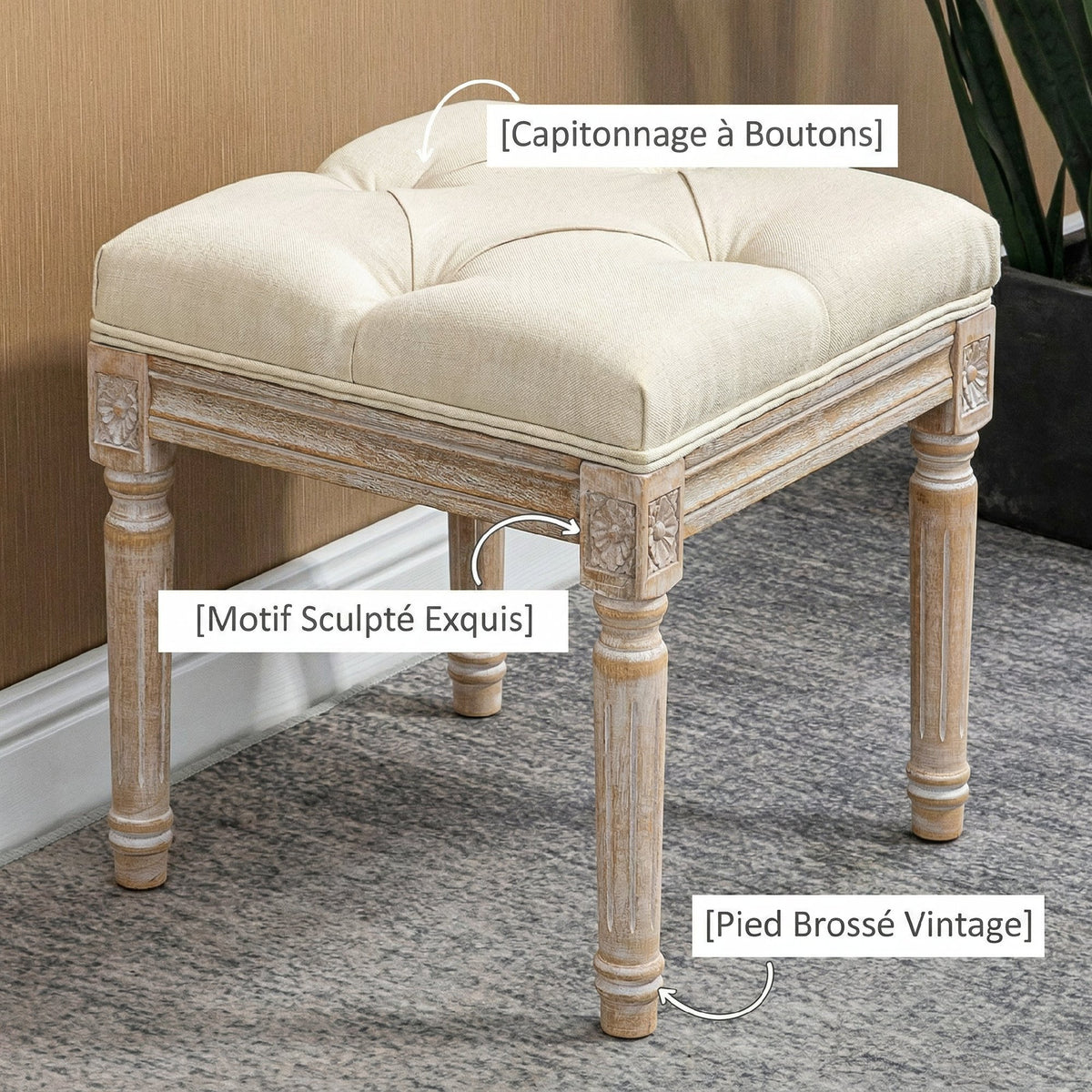 Repose pied salon, ottoman, siège rembourré en tissu aspect lin avec pieds en bois d'hévéa, 40 x 40 x 43 cm, beige
