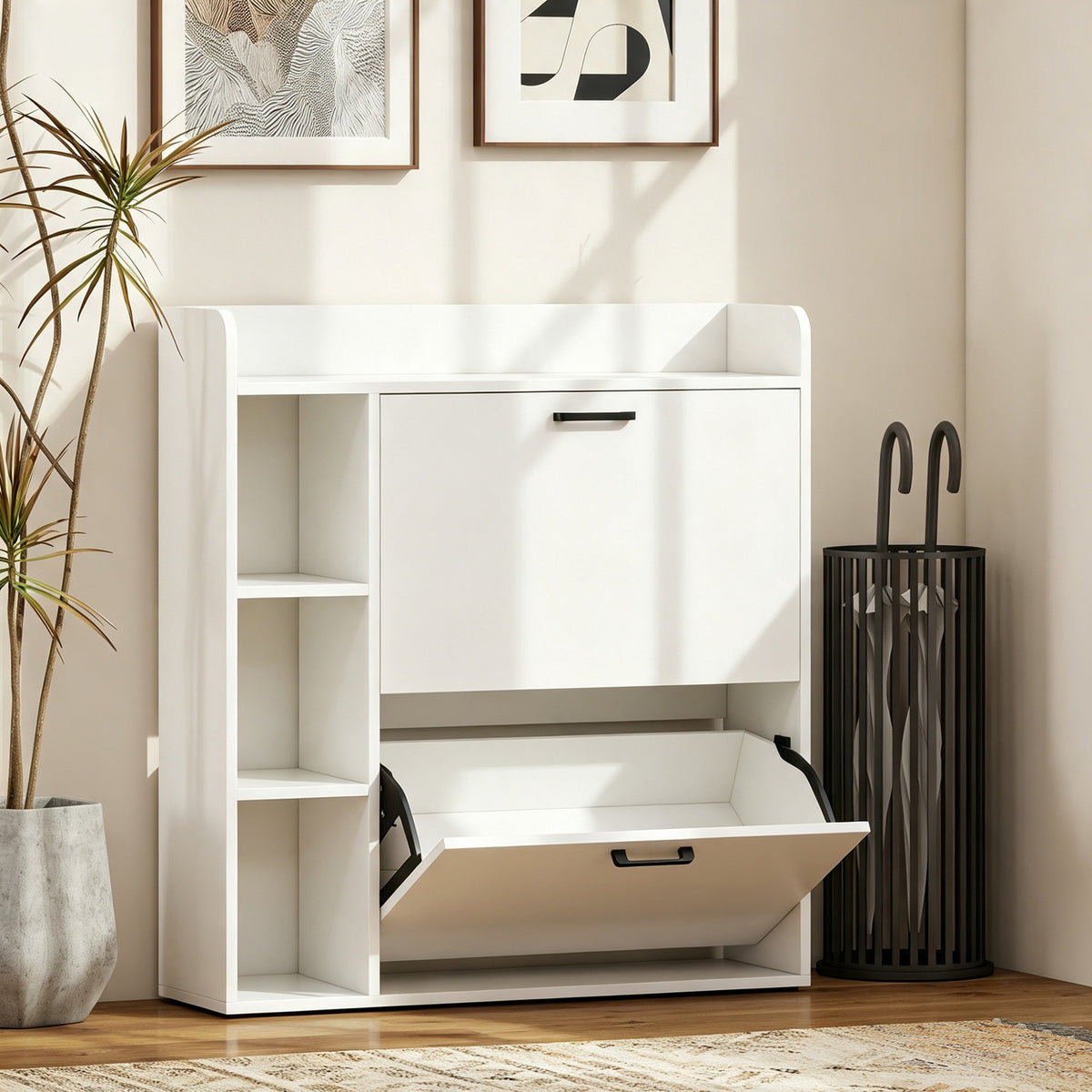 Meuble à chaussures 15 paires, armoire à chaussures moderne avec 2 tiroirs rabattables, 83x24x90,5cm, blanc