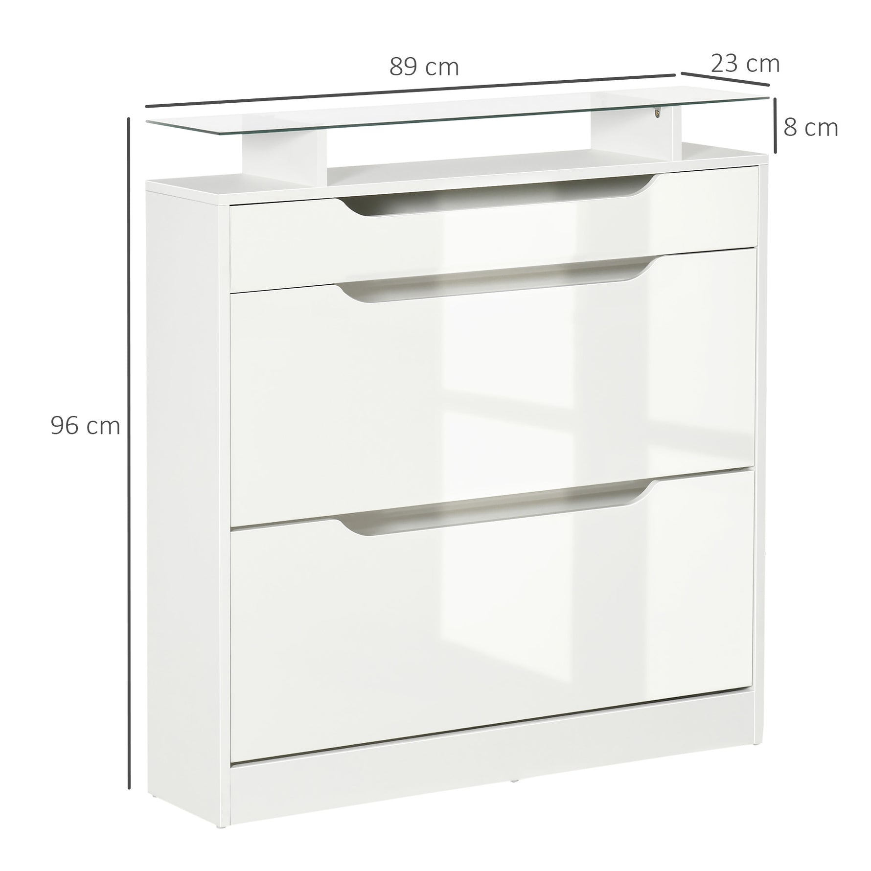 Armoire à Chaussures avec 2 Tiroirs Rabattables + 1 Tiroir Coulissant + 1 Comptoir et 1 Plateau en Verre blanc
