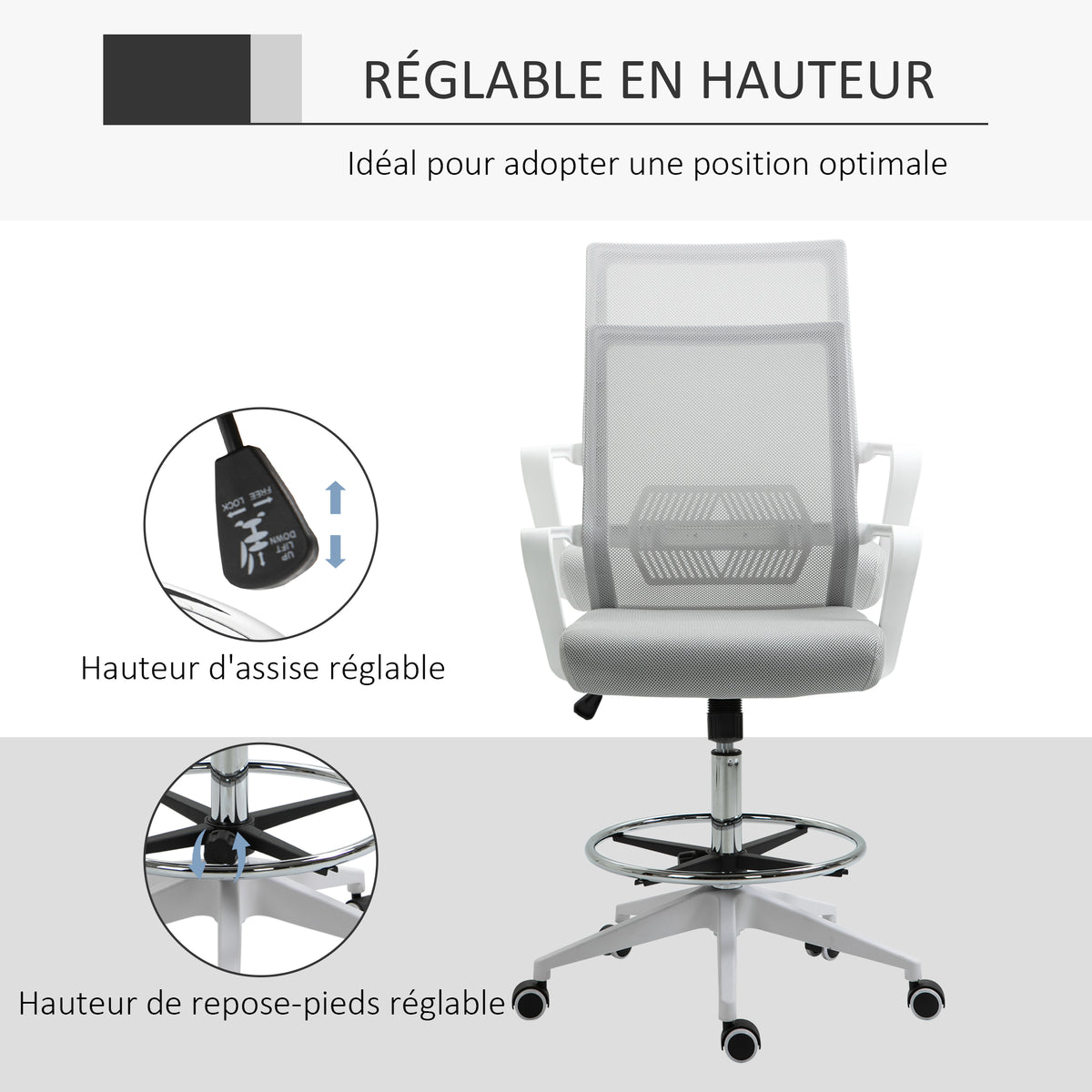 Lot de 2 fauteuils de bureau chaise de bureau assise haute réglable dim. 64L x 60l x 106-126H cm pivotant 360° maille
