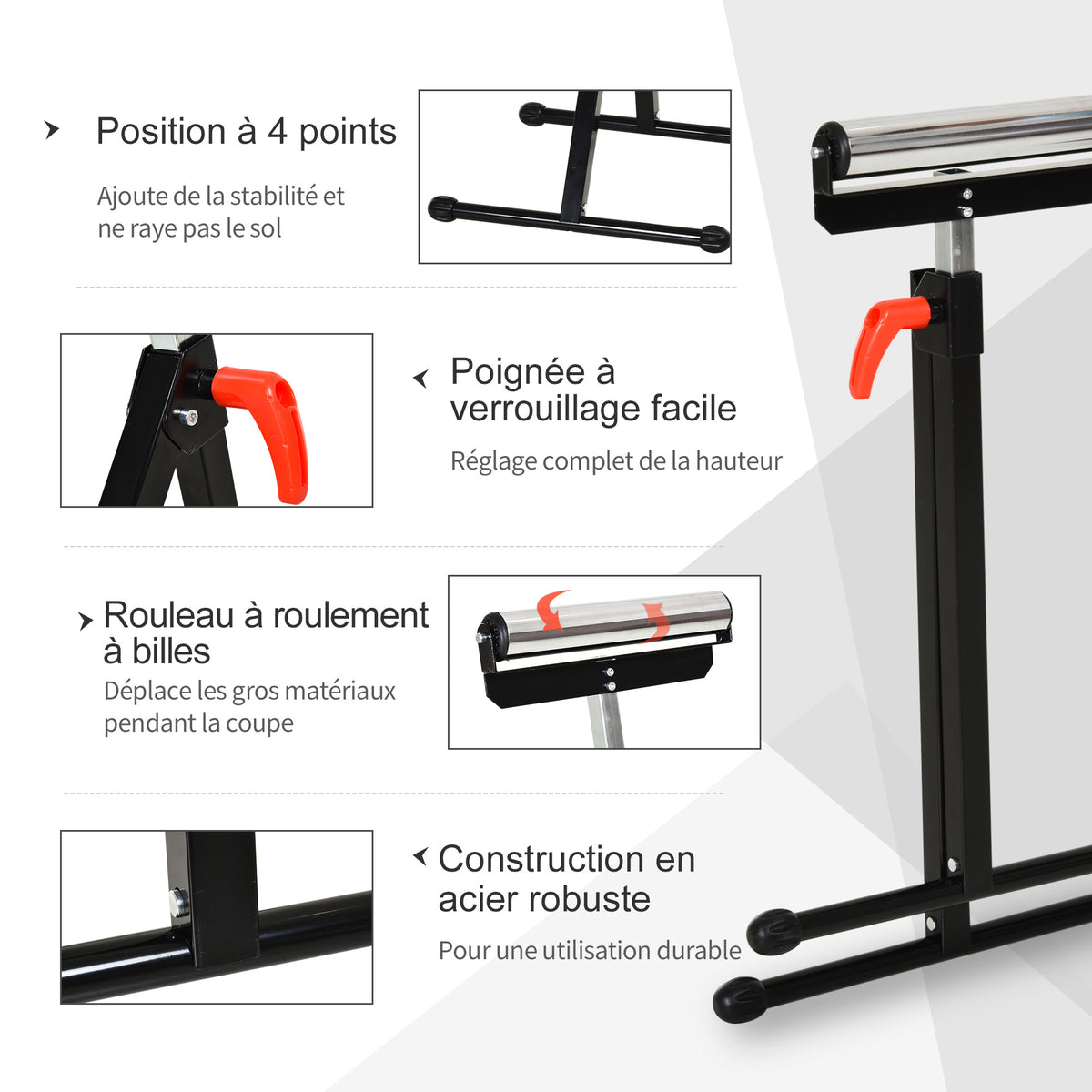 Servante d'atelier à rouleau pliable, support avec rouleau hauteur réglable 68 à 110 cm, charge max. 90 kg, noir