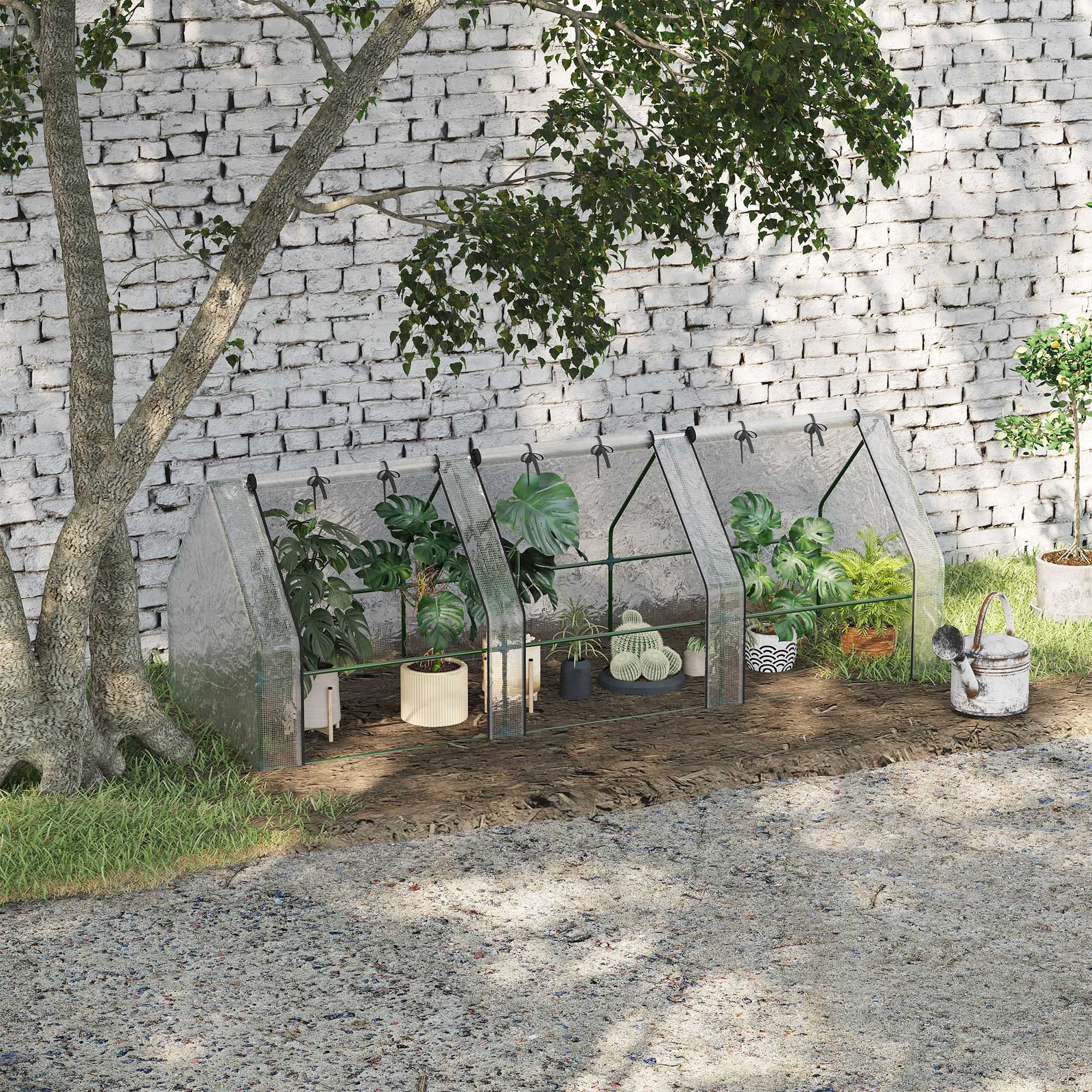 Mini Serre de Jardin Mini Serre Tunnel 270L x 90l x 90H cm Toit Pointu Acier PE Haute Densité 140 g/m² Anti-UV Fenêtres avec Zip Enroulables Blanc
