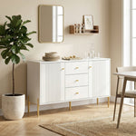 Buffet cuisine, meuble de rangement avec 2 portes, 3 tiroirs silencieux, 2 étagères réglables, 5 pieds en acier, blanc