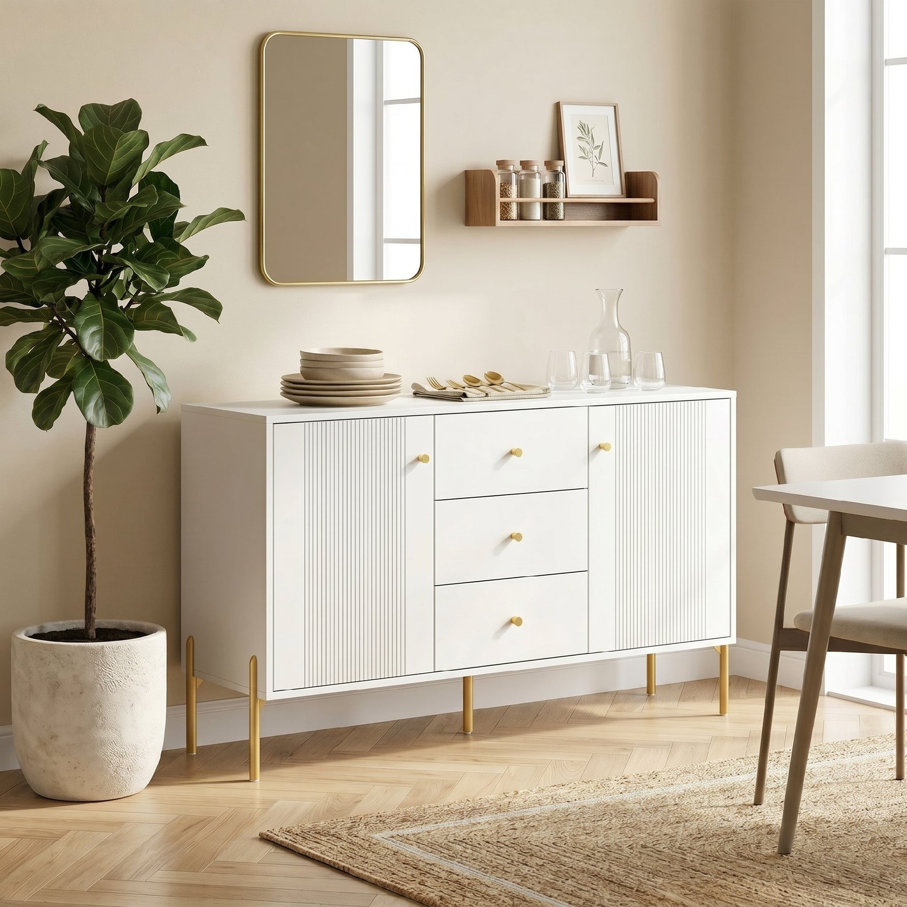 Buffet cuisine, meuble de rangement avec 2 portes, 3 tiroirs silencieux, 2 étagères réglables, 5 pieds en acier, blanc