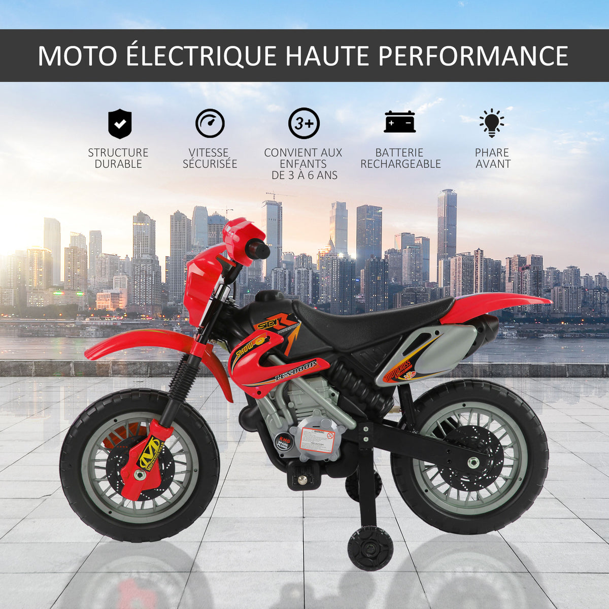 Moto Cross électrique Enfant 3 à 6 Ans 6 V phares klaxon musiques 102 x 58 x 66 cm Rouge et Noir