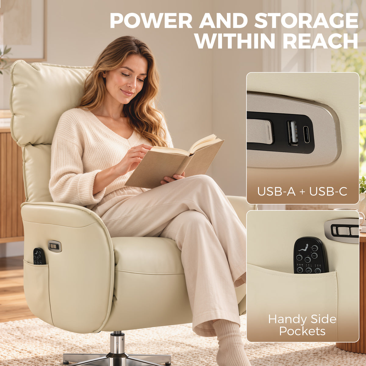 Sillón Relax Eléctrico Giratorio con Masaje y Calefacción, Reclinable de PU, Altura Ajustable, Doble Motor, Crema