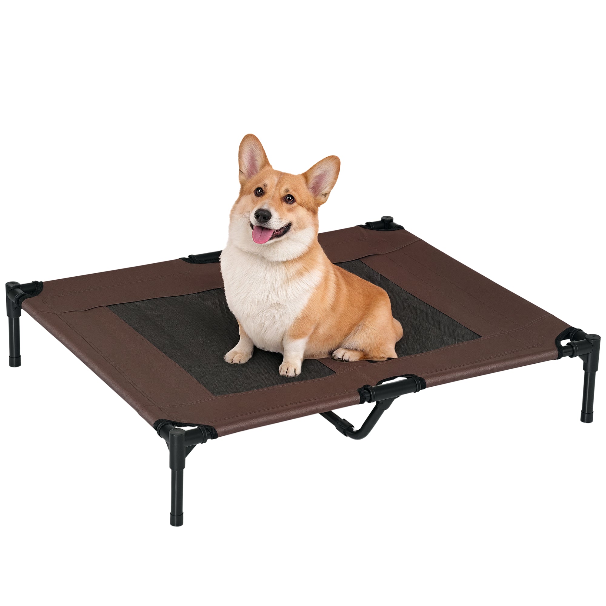Raised pet bed for dogs and cats, elevated camping bed for maximum comfort, Oxford fabric, micro-perforated textilene, metal frame, 92L x 76W x 18H cm, coffee brown