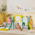 Toboggan pour enfant 7 en 1 avec panier de basket, télescope, rangement, tunnel, escalade, tableau de dessin, jaune