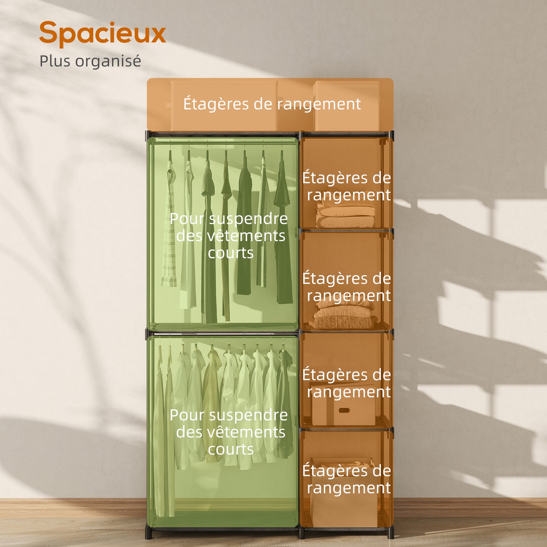 Armoire de rangement, penderie portable avec 3 barres de suspension et 4 étagères, 142 x 43 x 185 cm, noir