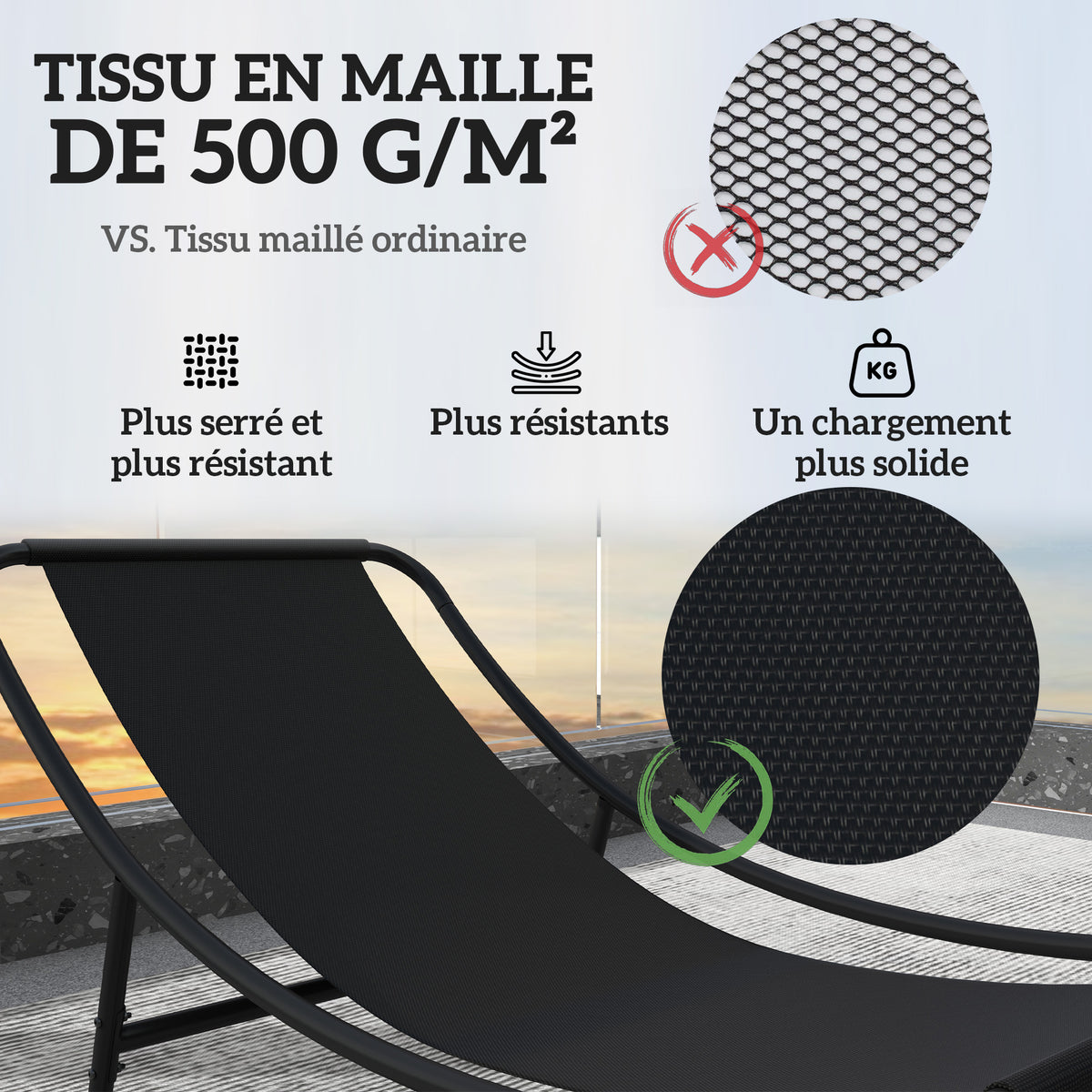 Lot de 2 fauteuils à bascule extérieur avec coussins épais, siège tissu textilène respirant et cadre en acier, gris
