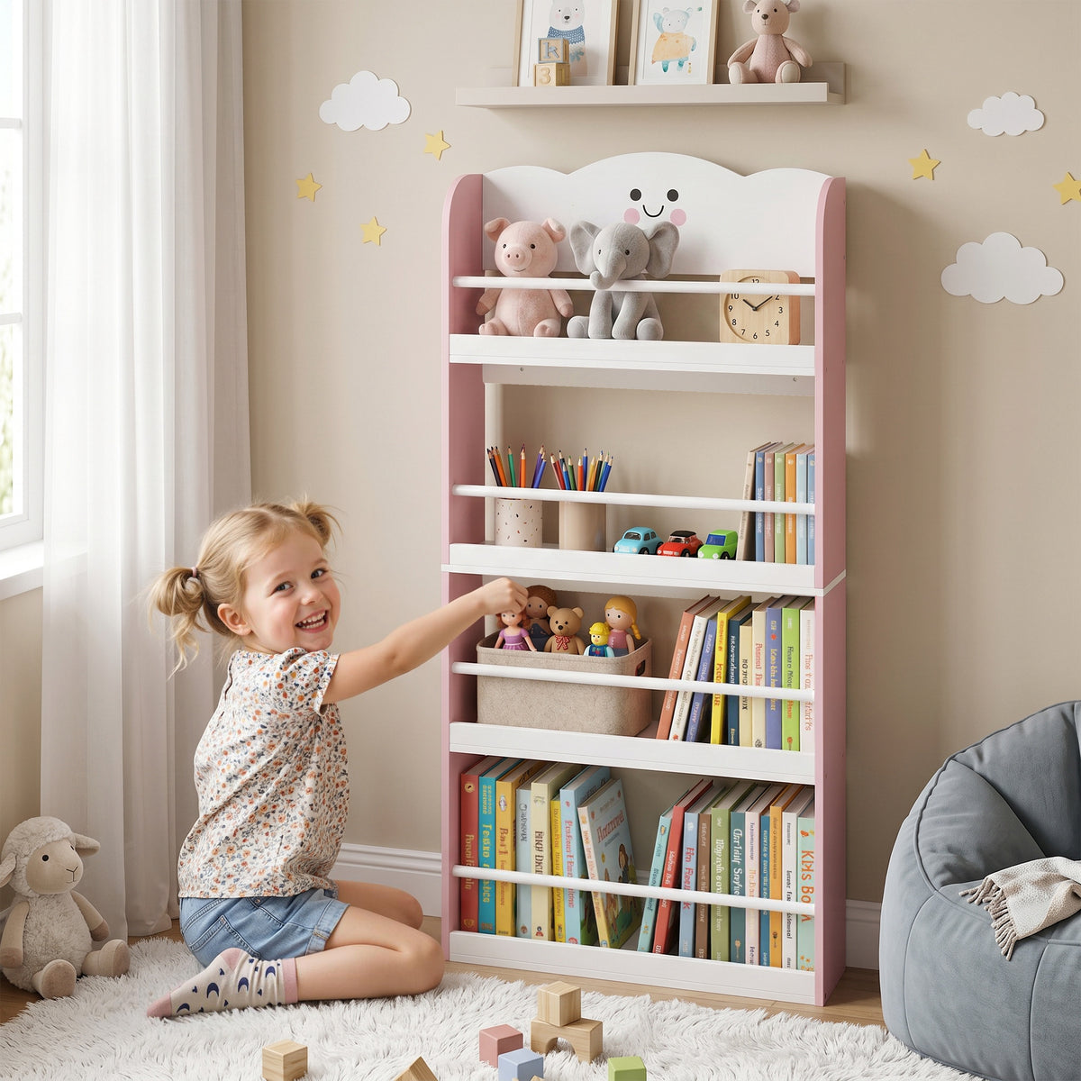 Bibliothèque pour enfant, rangement livre enfant 4 niveaux en thème barbe à papa, 60x12x108cm, rose