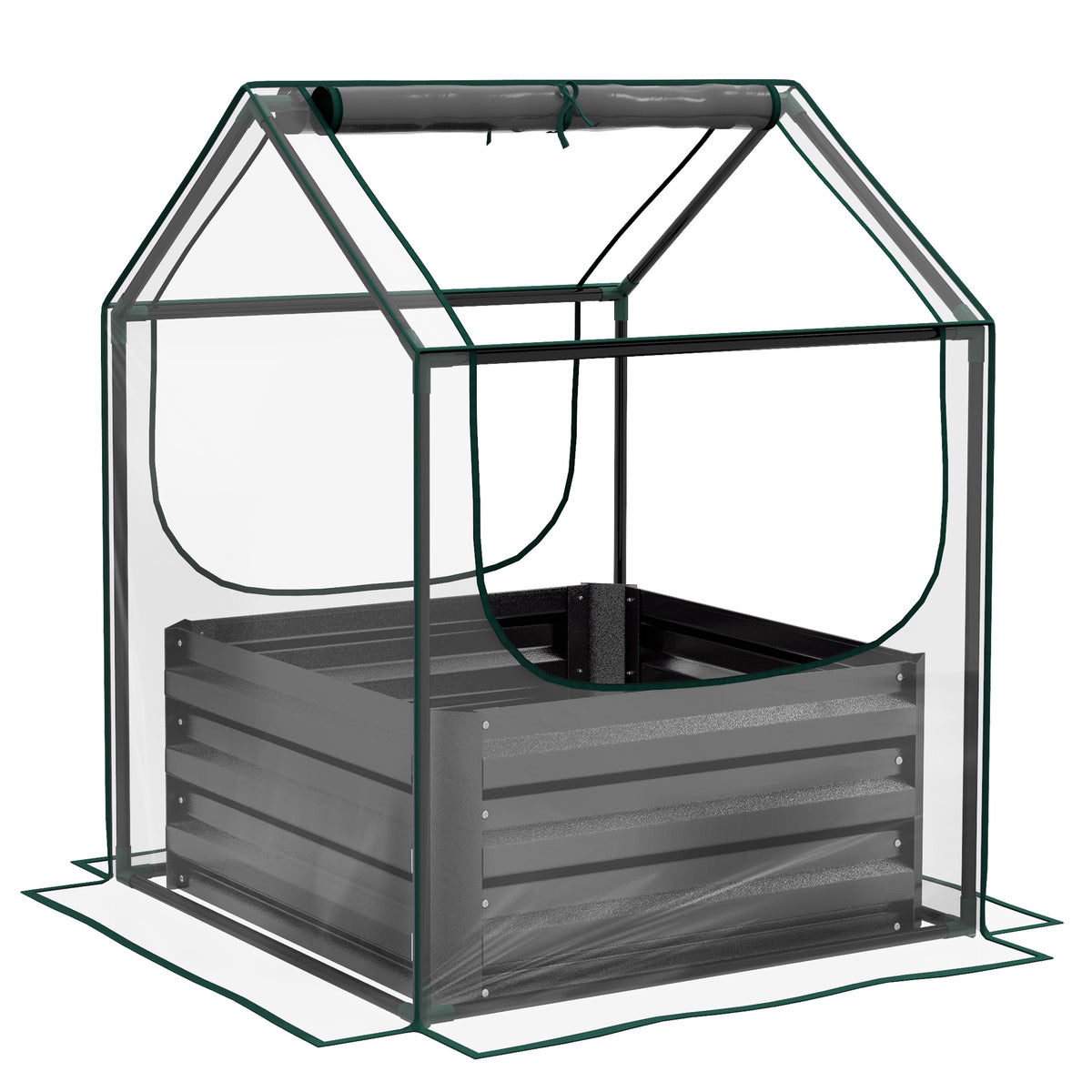 Carré potager de jardin avec mini serre, jardinière surélevée en acier galvanisé, 70 x 70 x 90 cm, gris foncé