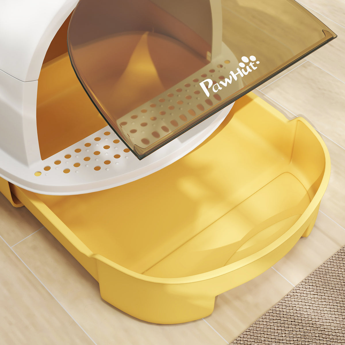 Maison de toilette pour chat bac à litière fermé chat poignée de transport porte translucide 40,5 x 52 x 39 cm jaune