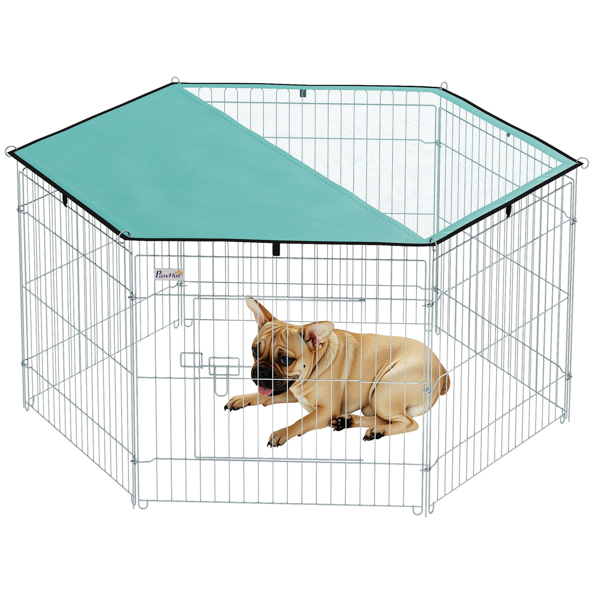 Parc pour chien, enclos chien 6 panneaux avec toit, modulable et pliable, enclos portable 60H cm avec porte, clôture pour chat, chiens de petit taille, intérieur et extérieur, argent, vert