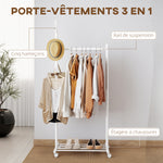Portant à vêtements, porte-manteau sur roulettes avec étagère à chaussures et 5 crochets, 68 x 43 x 171 cm, blanc