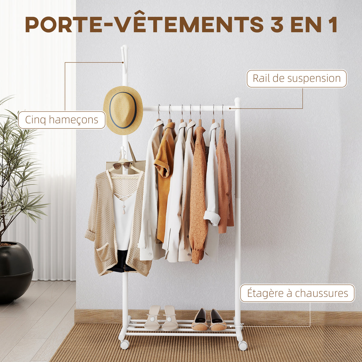 Portant à vêtements, porte-manteau sur roulettes avec étagère à chaussures et 5 crochets, 68 x 43 x 171 cm, blanc