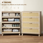 Commode 4 tiroirs cannage en rotin dim. 80L x 40l x 103H cm MDF Aspect Bois Clair