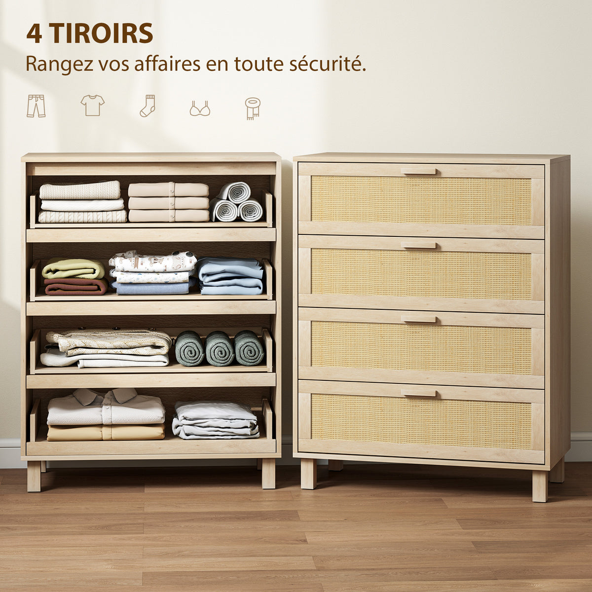 Commode 4 tiroirs cannage en rotin dim. 80L x 40l x 103H cm MDF Aspect Bois Clair