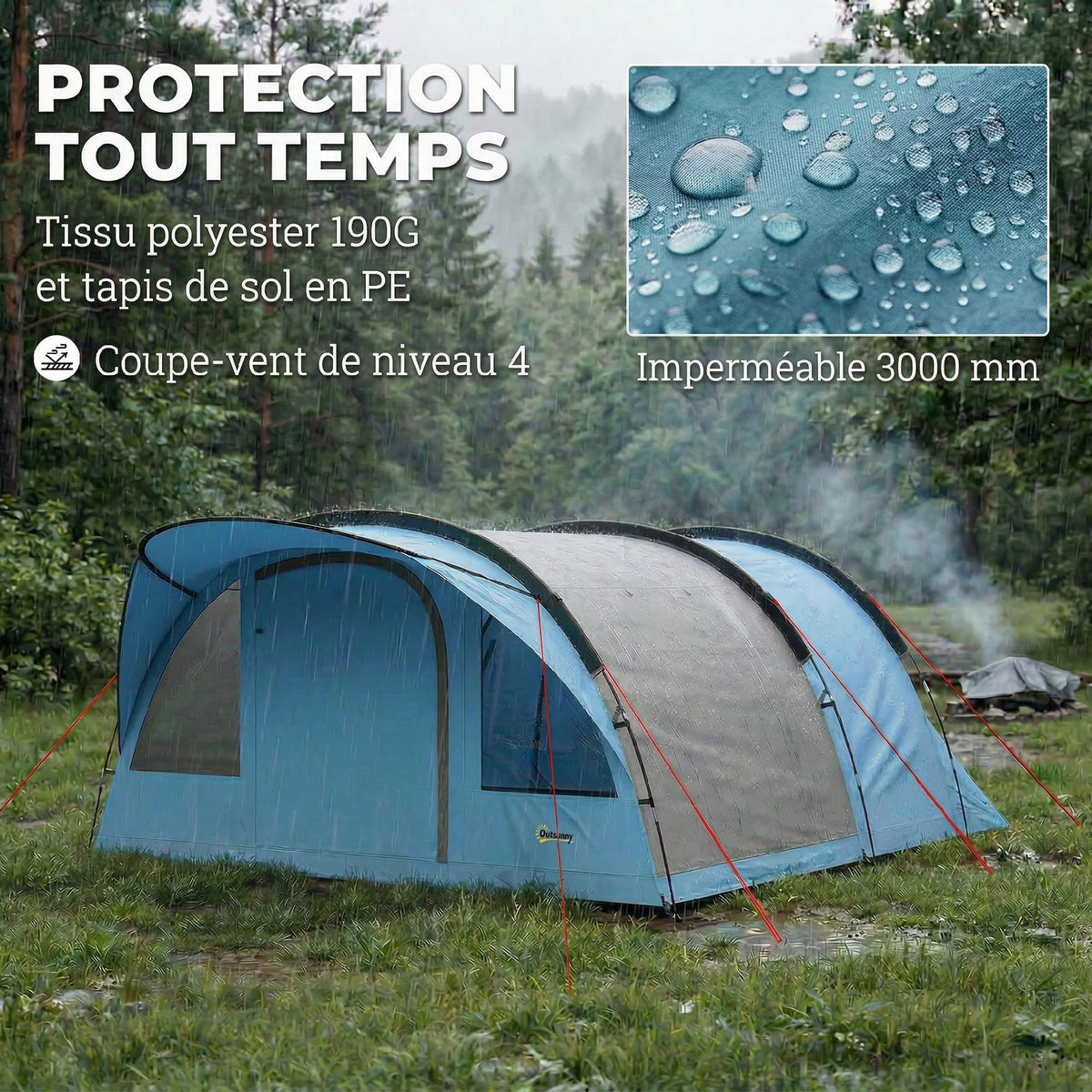 Grande Tente Tunnel Camping 4 Personnes 3-4 Saisons Hauteur d'Homme 2 m Séjour XL 3,7 m Imperméable 3000mm Bleu