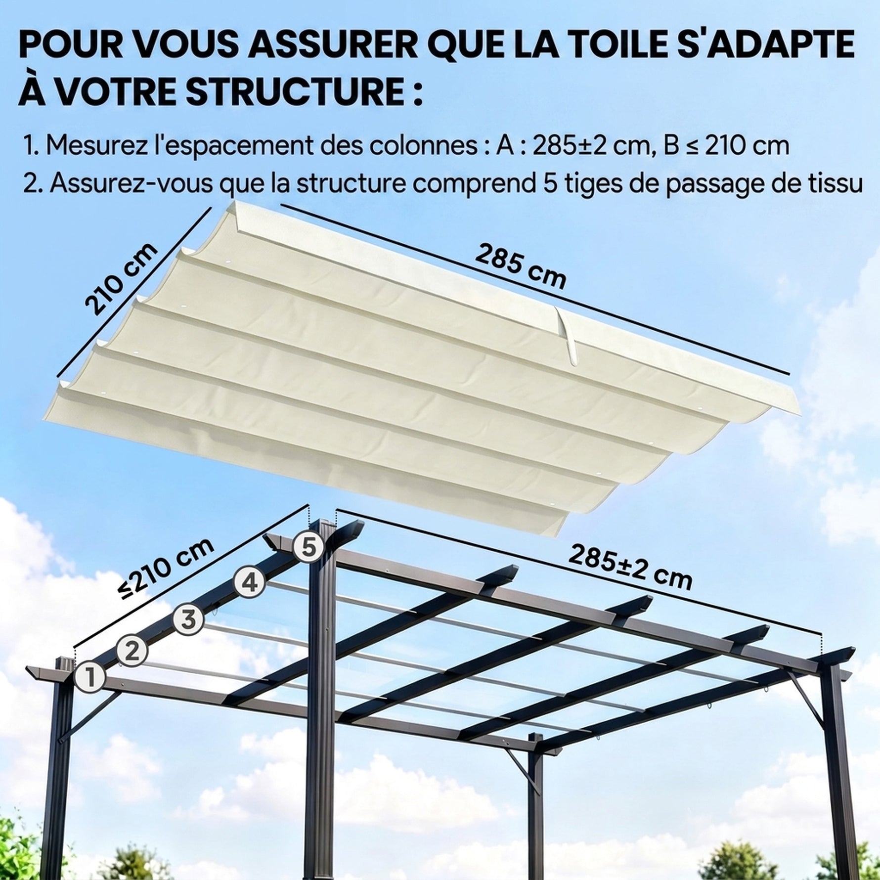 Toile de toit de rechange pour pergola toile de remplacement protection solaire Anti-UV 30+ pour pergola de 3 x 2 m