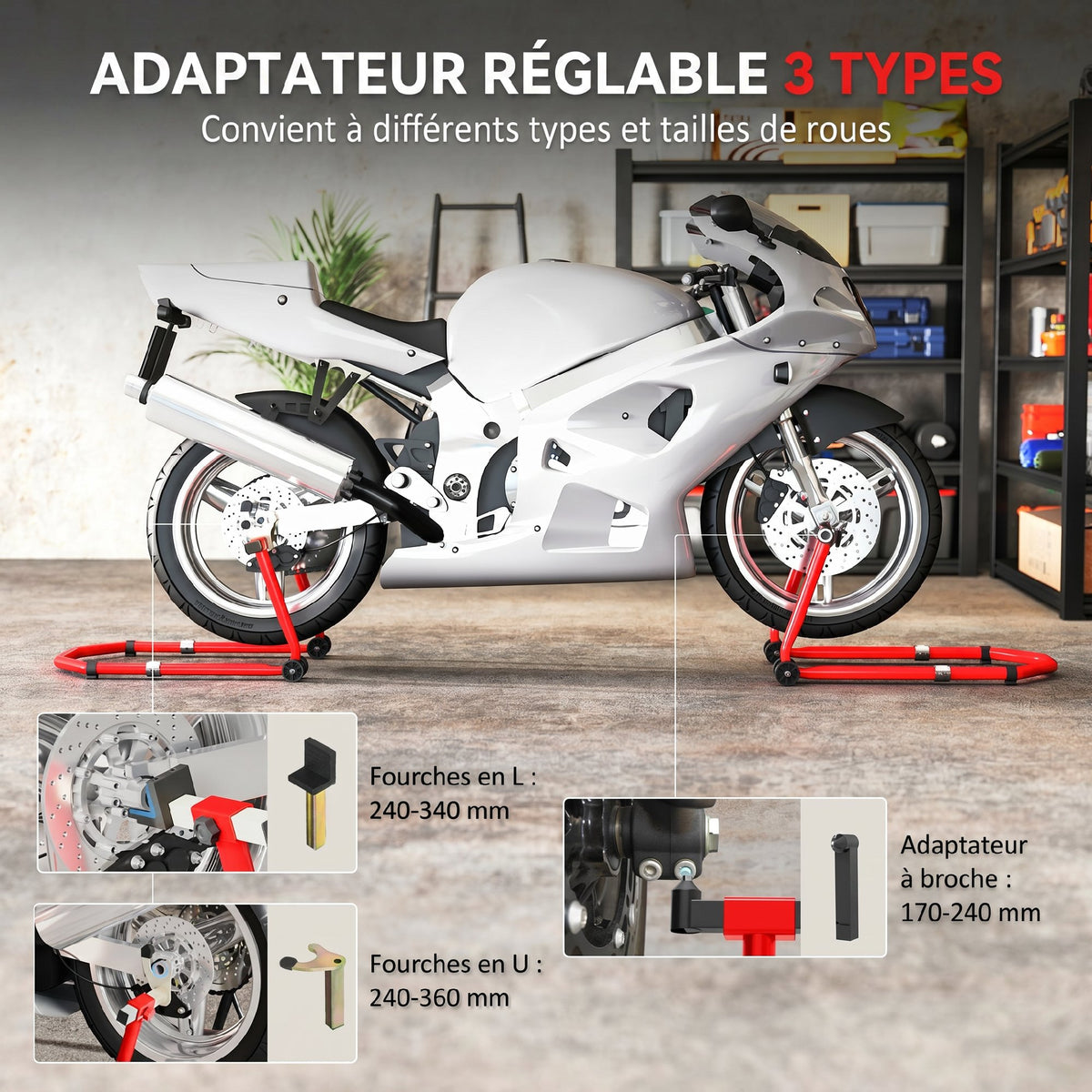 Béquille roue avant arrière charge 390kg béquille d'atelier moto bras réglable en acier, fourche en forme de U + L rouge