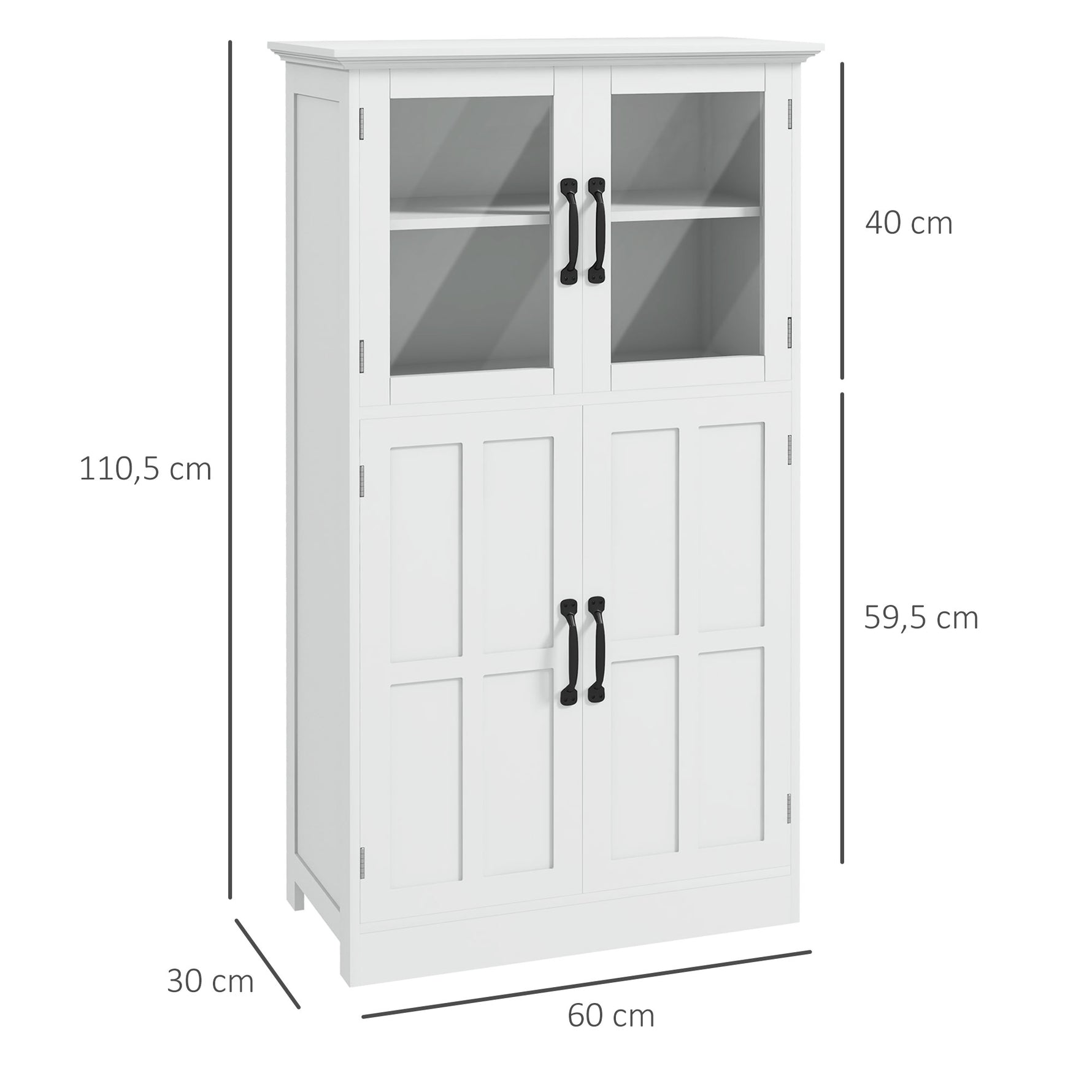 Buffet de cuisine armoire multi-rangements 2 placards, portes en verre, 4 étagères en bois blanc