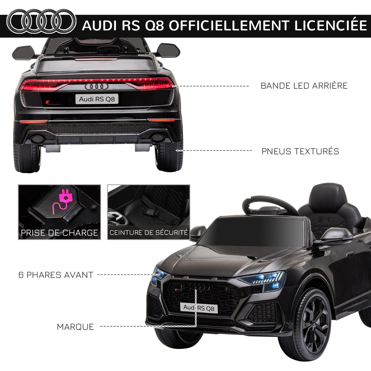 Audi RS Q8 Elektroauto für Kinder, lizenziert, Elektrofahrzeug mit Fernbedienung, USB, Bluetooth, Schwarz