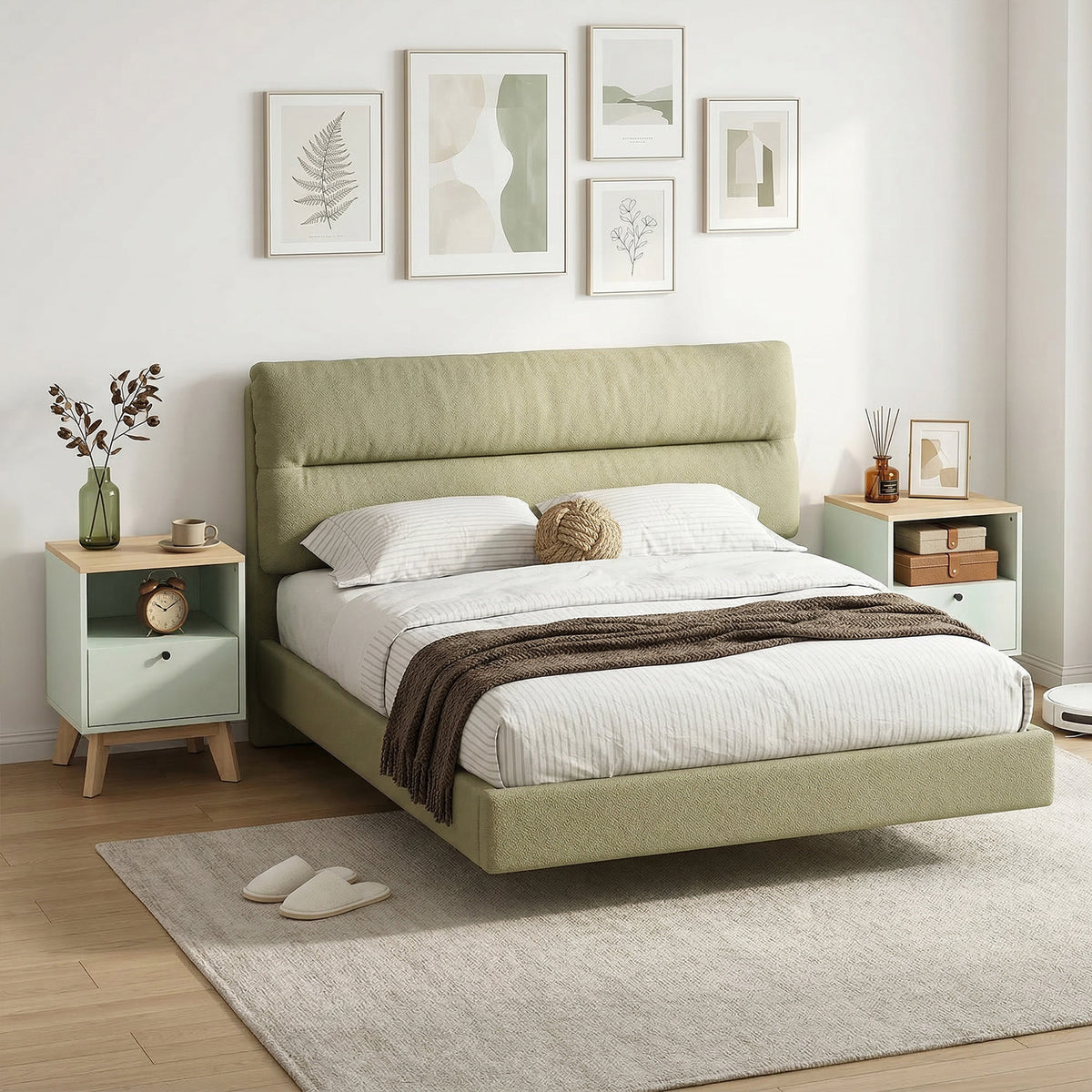 Lot de 2 tables de chevet, tables de nuit avec tiroir et compartiment ouvert, 40 x 40 x 55 cm, chêne et vert clair