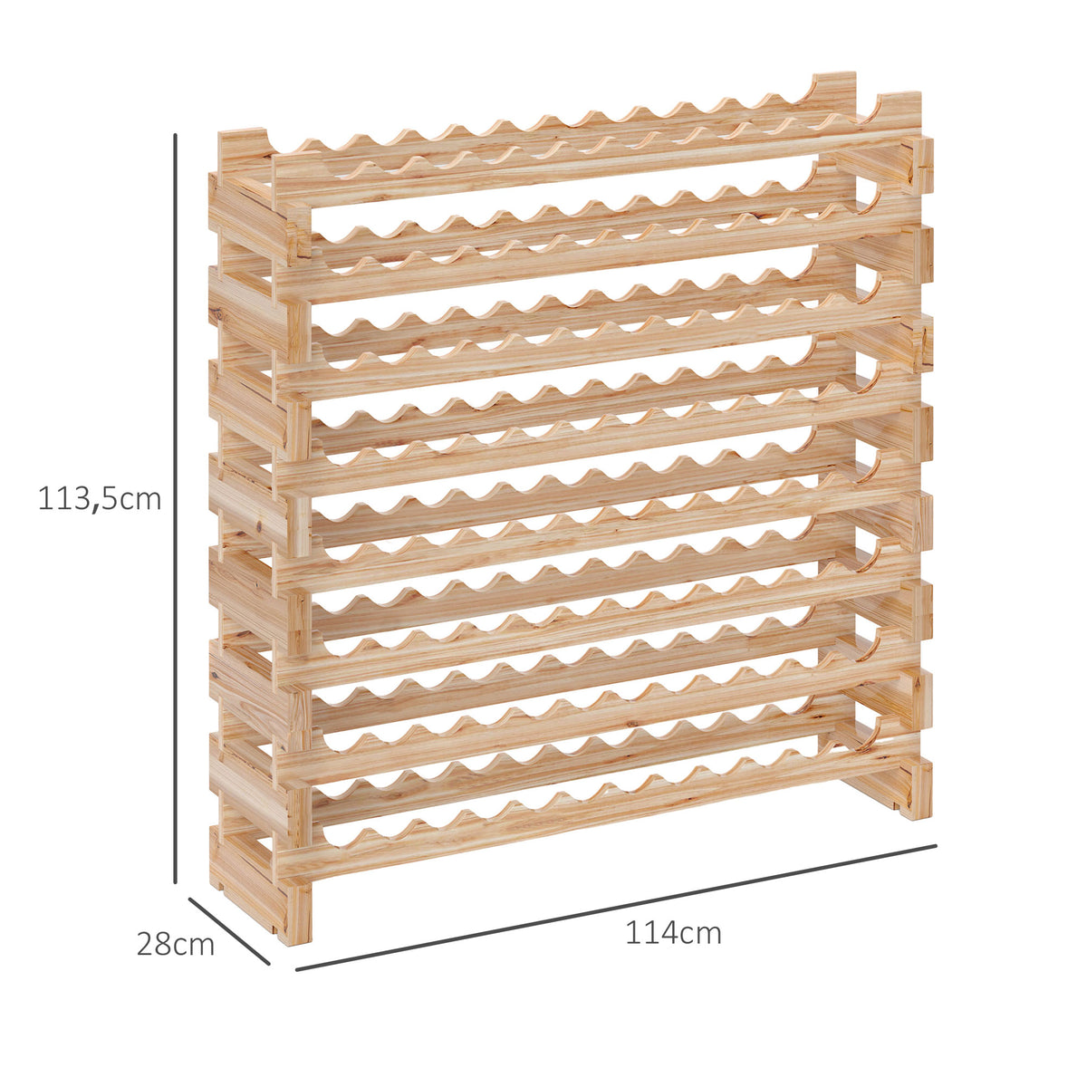 Casier à bouteilles pour 96 bouteilles, étagère à vin avec 8 niveaux modulable, 114×28×113,5cm, bois naturel