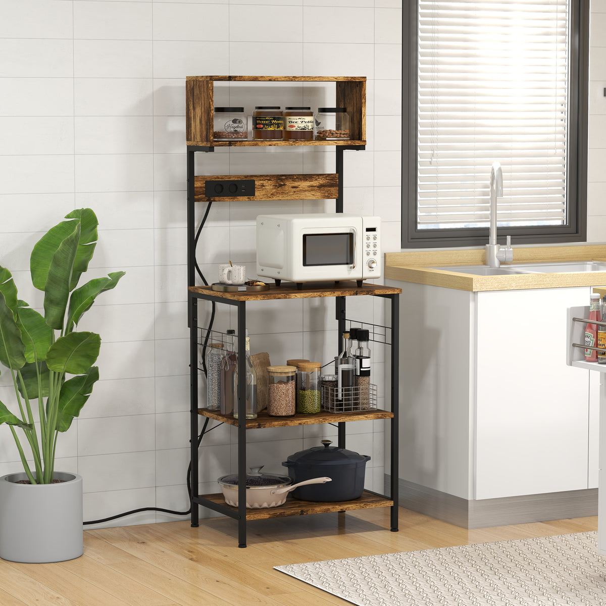Küchenregal Mikrowellenhalterung mit 2 USB-Ladegeräten und 2 Steckdosen, 5 Haken und verstellbarem Fachboden