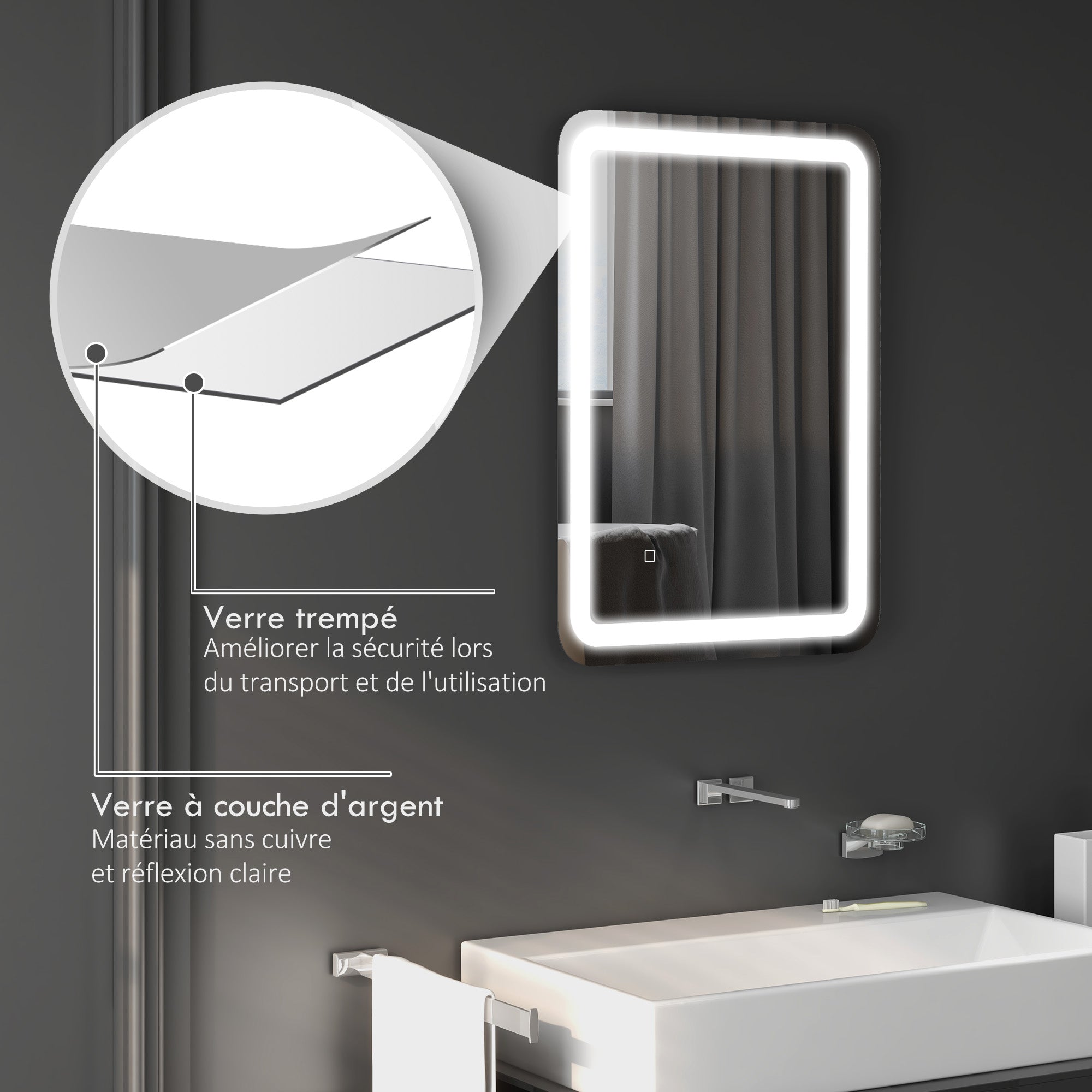 Miroir de salle de bain rectangulaire LED fonction anti-buée luminosité réglable fonction mémoire 70 x 50 cm argent