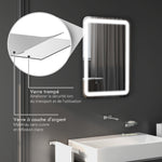 Miroir de salle de bain rectangulaire LED fonction anti-buée luminosité réglable fonction mémoire 70 x 50 cm argent