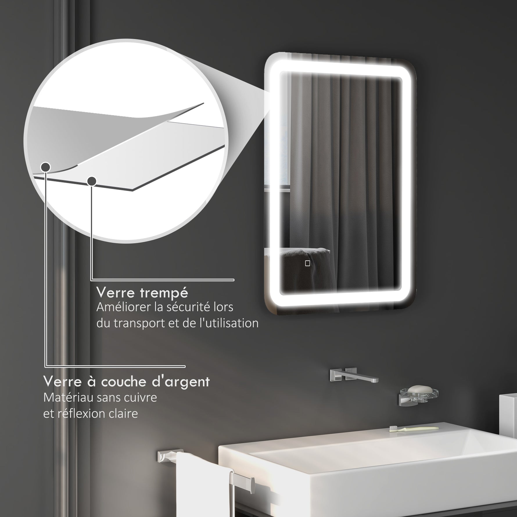Miroir de salle de bain rectangulaire LED fonction anti-buée luminosité réglable fonction mémoire 70 x 50 cm argent