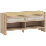 Banc chaussures entrée, banc de rangement, assise rembourrée en lin, 2 tiroirs en rotin et étagère ouverte, chêne